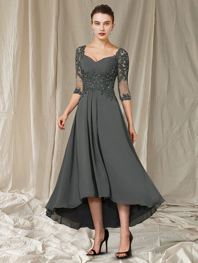 Wholesale A-Line Mother of the Bride Dress Elegant High Low V Neck Asymmetrical Ankle Length Chiffon Lace Half Sleeve with Pleats Appliques
